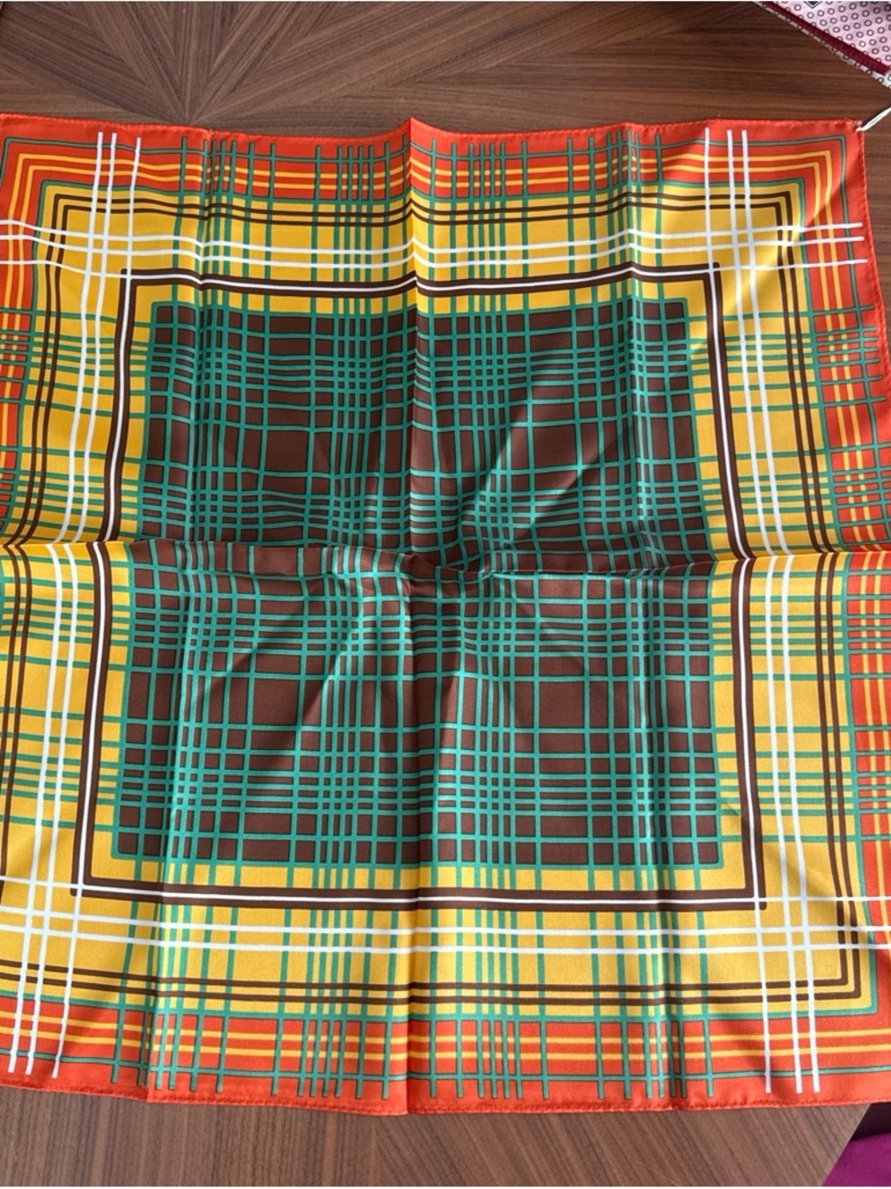 Vintage deadstock Plaid Silk Scarf - Orange, Yellow, Green, Brown